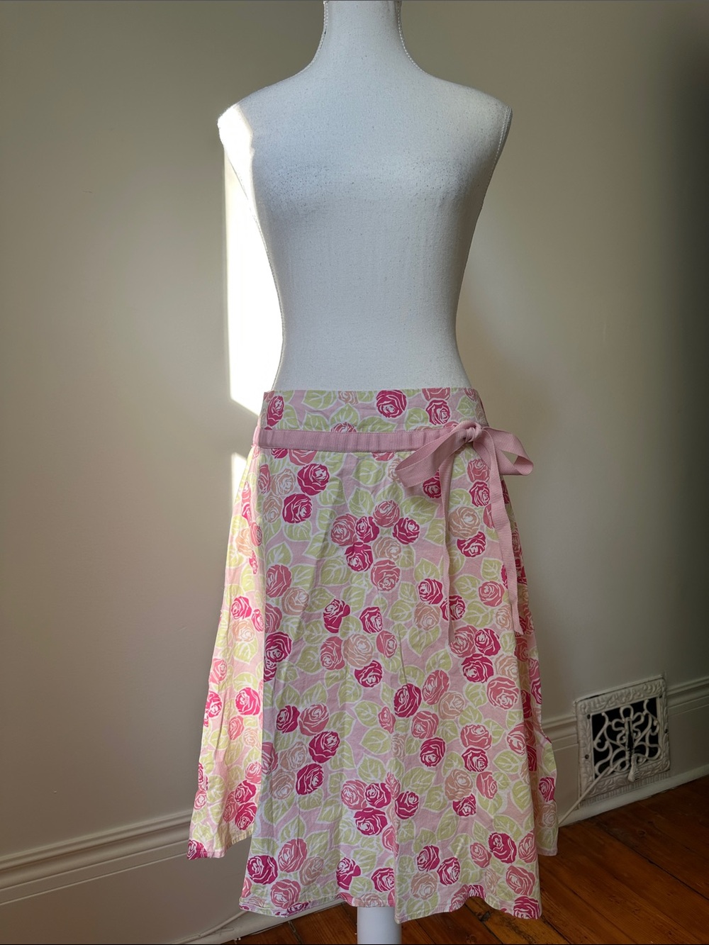 LEMON GRASS STUDIO Y2K Pink Floral Bow Preppy Coquette Midi Aline Skirt Sz 8